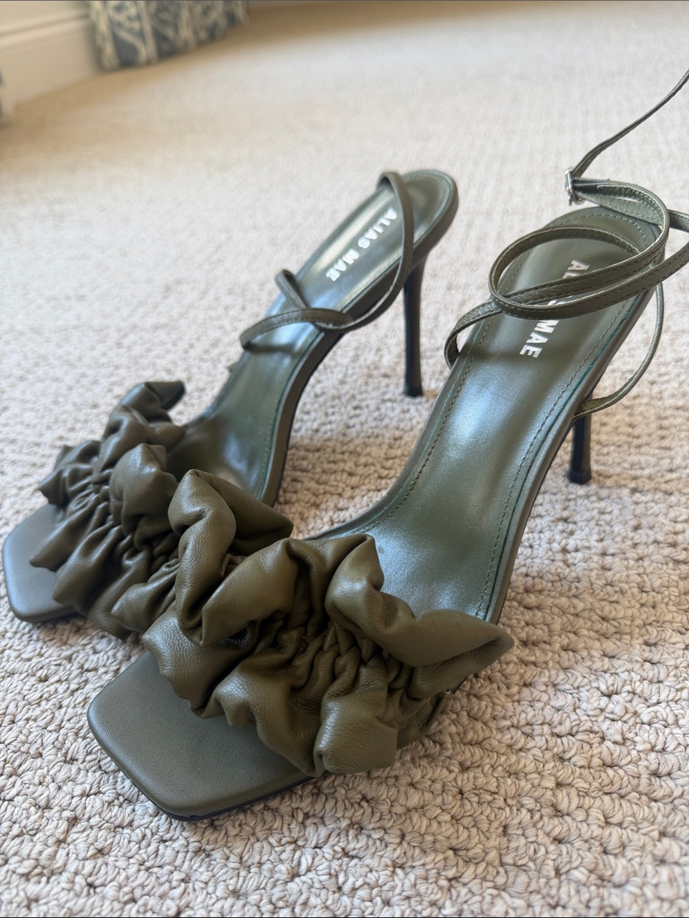 Alias Mae Olive Green Ruffle Strap Stiletto Sandals Size 40
